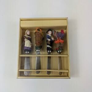 Harvest Thanksgiving Butter Knife Set Spreader Pilgrim Turkey Figurine Holiday